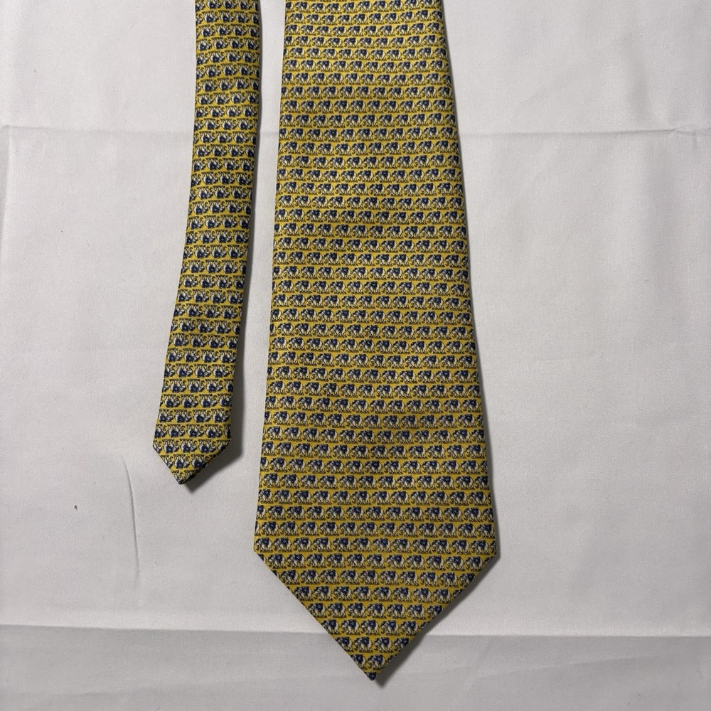 Kai Long Kailong Handmade Silk Neck Tie Blue And Gold W/ Little Elephants 58 / 4